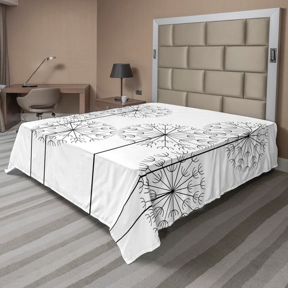 Ambesonne Floral Flat Sheet, Digital Flower Dandelion, Full Size, Black and White