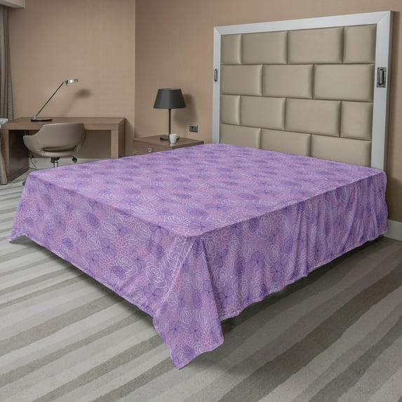 Ambesonne Floral Flat Sheet, Doodle Flower Meadow Art, Full Size, Mauve and Pastel Pink