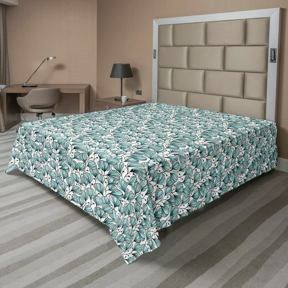 Ambesonne Floral Flat Sheet, Doodle Garden Plants, Queen Size, Seafoam White Black