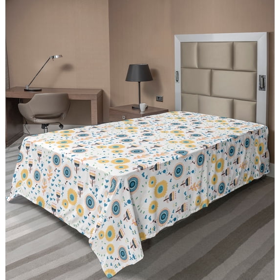 Ambesonne Floral Flat Sheet, Doodle Style Botanical, TwinXL Size, White Multicolor