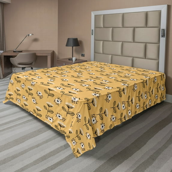 Ambesonne Floral Flat Sheet, Doodle Style Flower Twigs, Full Size, Pale Orange Umber