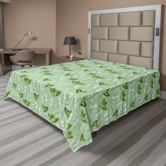 Ambesonne Floral Flat Sheet, Dragonflies and Campanulas, Queen Size, Pale Green Pale Blue