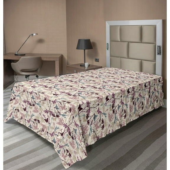 Ambesonne Floral Flat Sheet, Dragonfly Butterfly, TwinXL Size, Teal Beige Mauve