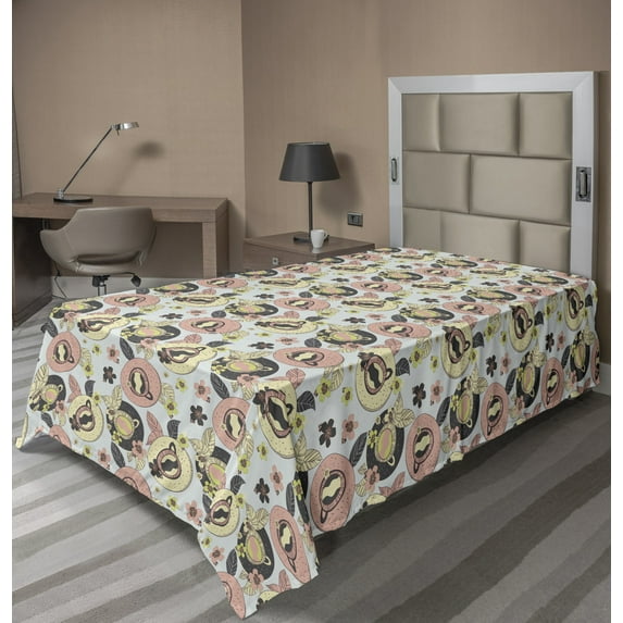 Ambesonne Floral Flat Sheet, Drawings of Tea Cups Flowers, TwinXL Size, Cadet Blue Yellow