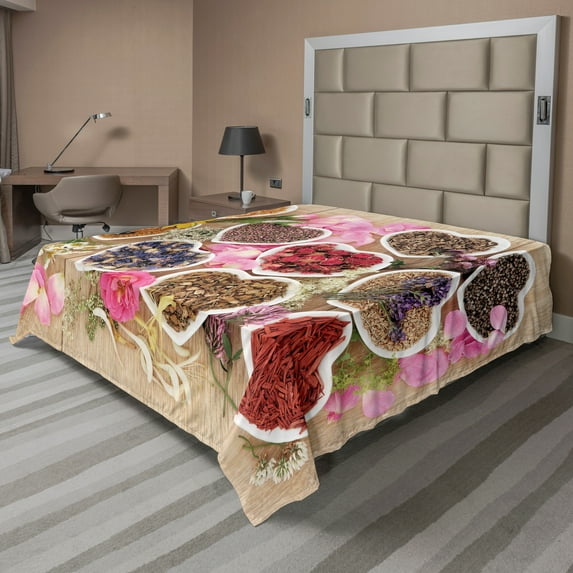 Ambesonne Floral Flat Sheet, Dried Petals Leaves in Bowls, California King, Multicolor
