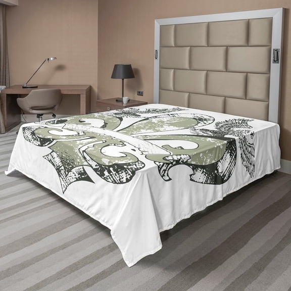 Ambesonne Floral Flat Sheet, Eagle Emblem Victorian, Full Size, Tan White