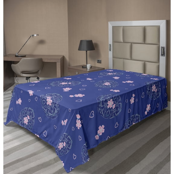 Ambesonne Floral Flat Sheet, Easter Eggs Flowers Hearts, Twin Size, Violet Pale Pink