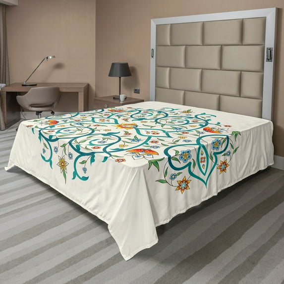Ambesonne Floral Flat Sheet, Eastern Style Strokes Leaves, Full Size, Teal and Multicolor
