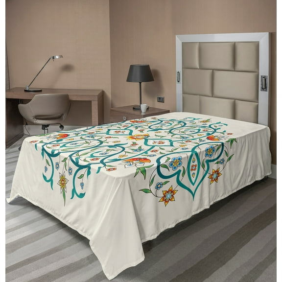 Ambesonne Floral Flat Sheet, Eastern Style Strokes Leaves, TwinXL Size, Teal and Multicolor