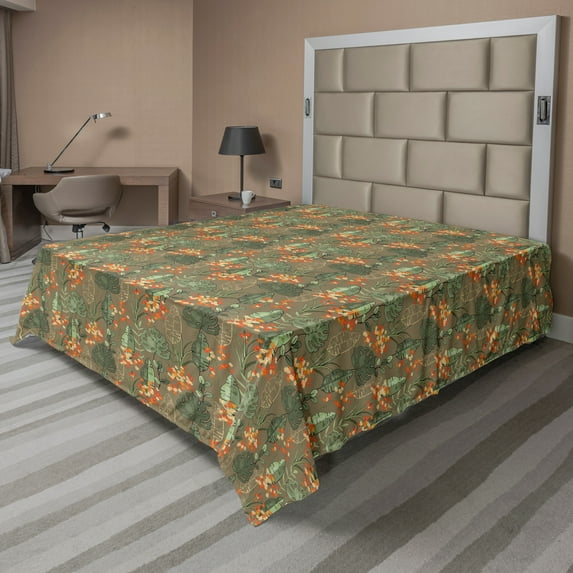 Ambesonne Floral Flat Sheet, Exotic Big Leaves Garden Art, California King, Sepia Multicolor