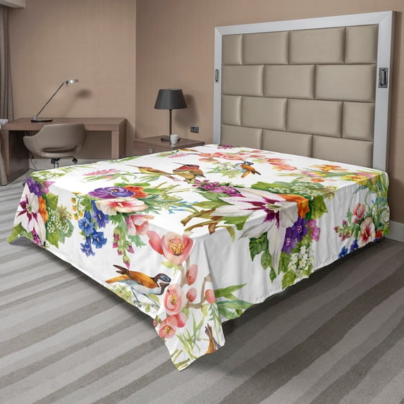 Ambesonne Floral Flat Sheet, Exotic Spring Flowers, Queen Size, Multicolor