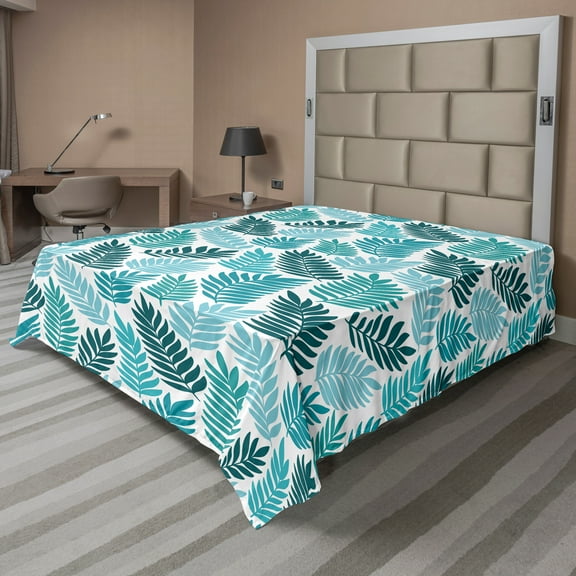 Ambesonne Floral Flat Sheet, Exotic Tropical Leaves Art, California King, White Teal Seafoam