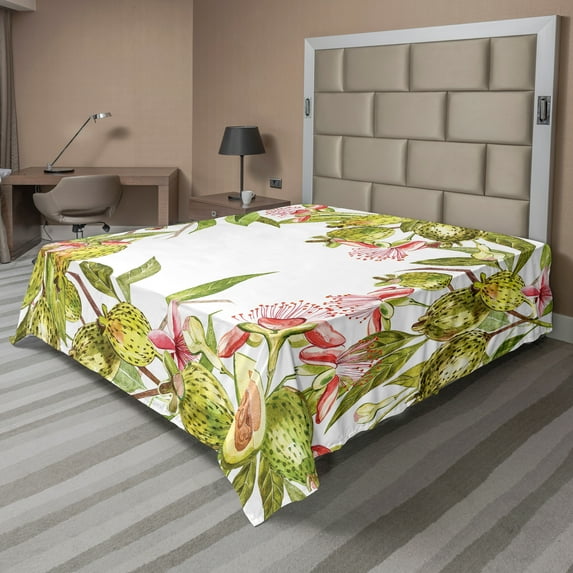 Ambesonne Floral Flat Sheet, Feijoa Exotic Fruit Floral, Queen Size, Coral Green