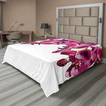 Ambesonne Floral Flat Sheet, Feminine Orchids Branches, Full Size, Pink Fuchsia White