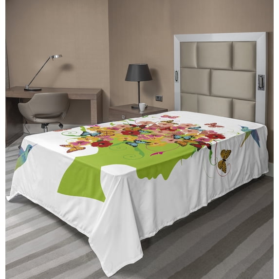 Ambesonne Floral Flat Sheet, Floral Spring Concept Birds, Twin Size, Lime Green Multicolor