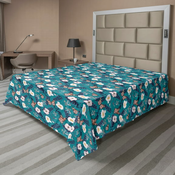 Ambesonne Floral Flat Sheet, Floral and Butterflies Art, King Size, Multicolor