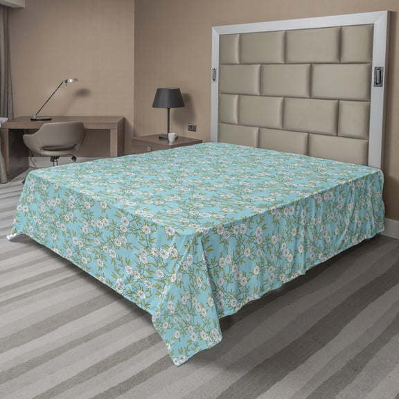 Ambesonne Floral Flat Sheet, Flourishing Spring Elements, California King, Sky Blue Lime Green