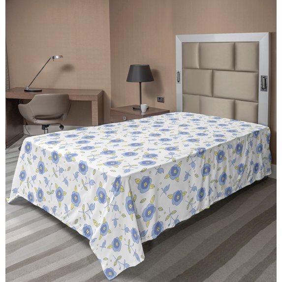 Ambesonne Floral Flat Sheet, Flourishing Summer Roses, Twin Size, Pale Yellow Blue Violet
