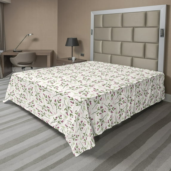 Ambesonne Floral Flat Sheet, Flourishing Wild Petals, California King, Pale Olive Green Pink