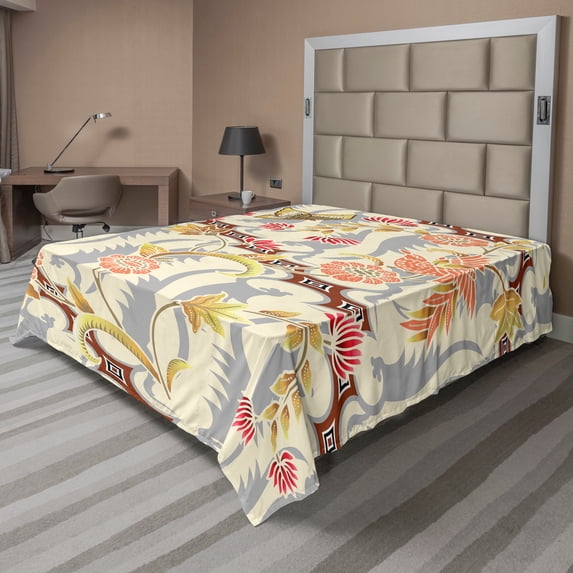 Ambesonne Floral Flat Sheet, Flower Butterfly Spring, Queen Size, Multicolor