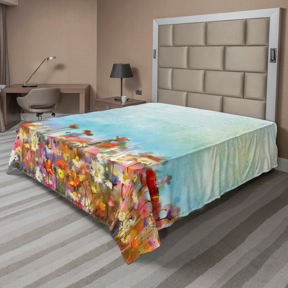 Ambesonne Floral Flat Sheet, Flower Field Watercolor, Queen Size, Multicolor