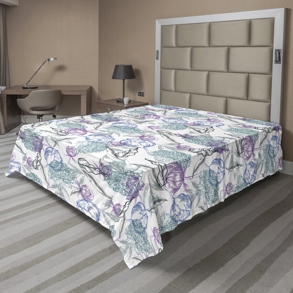 Ambesonne Floral Flat Sheet, Flower Leaves Sketch Buds, Queen Size, White Lilac Azure Blue