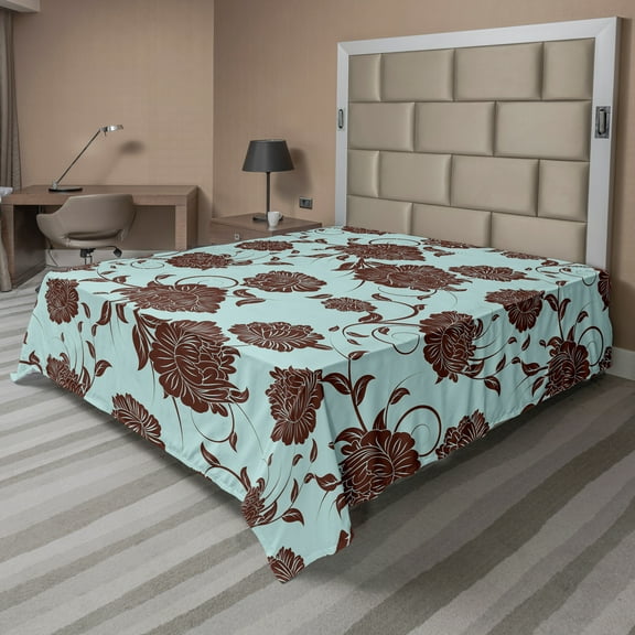 Ambesonne Floral Flat Sheet, Flower Ornaments Retro, California King, Pale Blue Brown