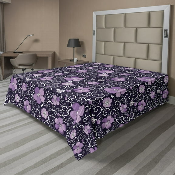 Ambesonne Floral Flat Sheet, Flower Patterned Design, Queen Size, Lilac Dark Purple White