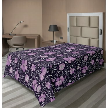 Ambesonne Floral Flat Sheet, Flower Patterned Design, TwinXL Size, Lilac Dark Purple White