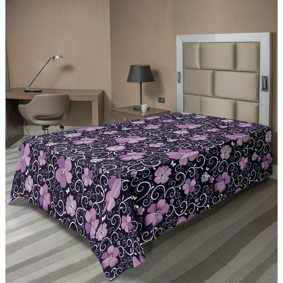 Ambesonne Floral Flat Sheet, Flower Patterned Design, TwinXL Size, Lilac Dark Purple White