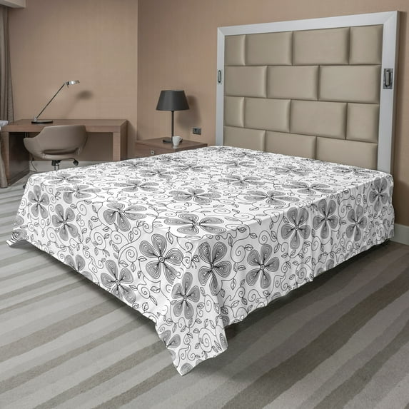 Ambesonne Floral Flat Sheet, Flower Petals Branches Art, King Size, Black and White