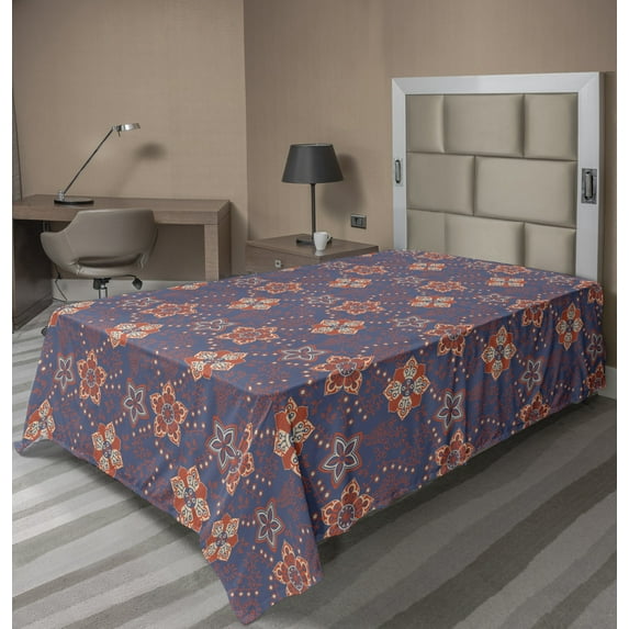 Ambesonne Floral Flat Sheet, Flower Scroll Swirls Print, Twin Size, Cadet Blue Orange Cream