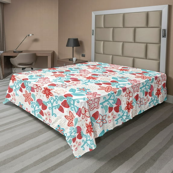 Ambesonne Floral Flat Sheet, Flowers Berries, Queen Size, Dark Coral Aqua