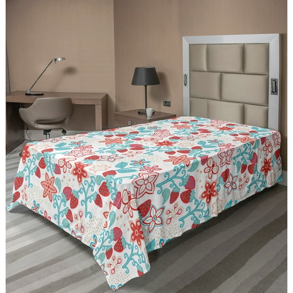 Ambesonne Floral Flat Sheet, Flowers Berries, TwinXL Size, Dark Coral Aqua