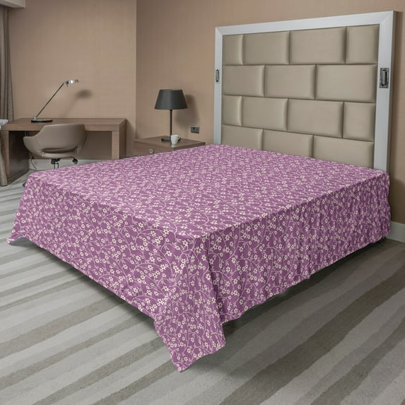 Ambesonne Floral Flat Sheet, Flowers Branch, California King, Pale Purple and Cream