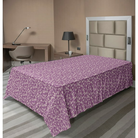 Ambesonne Floral Flat Sheet, Flowers Branch, Twin Size, Pale Purple and Cream