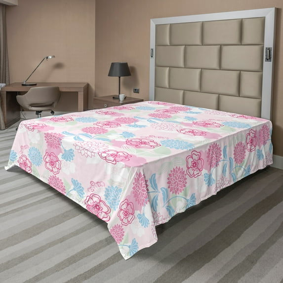 Ambesonne Floral Flat Sheet, Flowers Ivy Leaves Buds, Full Size, Pale Green Pale Blue