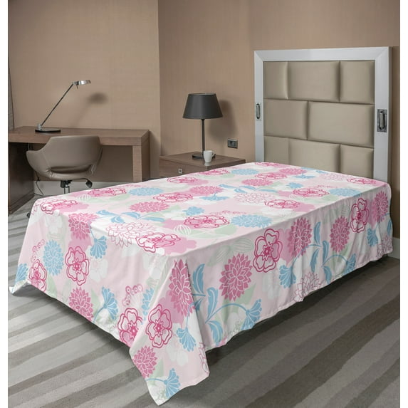 Ambesonne Floral Flat Sheet, Flowers Ivy Leaves Buds, TwinXL Size, Pale Green Pale Blue