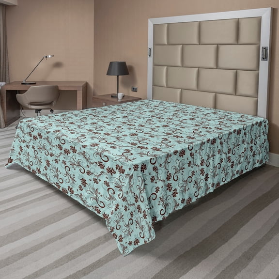 Ambesonne Floral Flat Sheet, Flowers Leaves Classic Art, King Size, Pale Seafoam and Brown