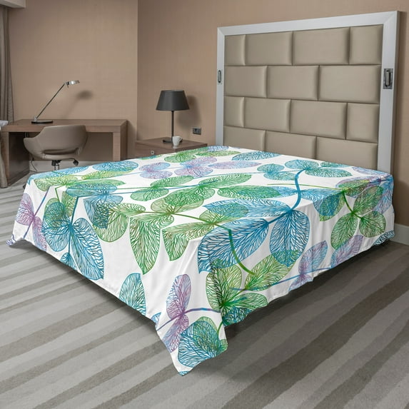 Ambesonne Floral Flat Sheet, Flowers Leaves Ivy Ombre, California King, Fern Green Pale Blue