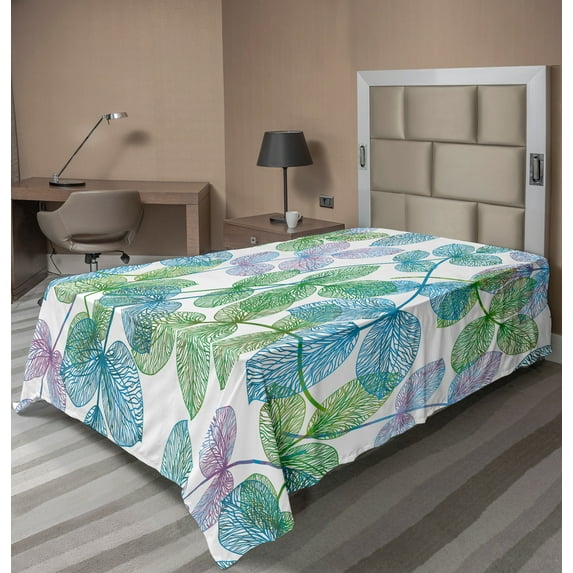 Ambesonne Floral Flat Sheet, Flowers Leaves Ivy Ombre, TwinXL Size, Fern Green Pale Blue