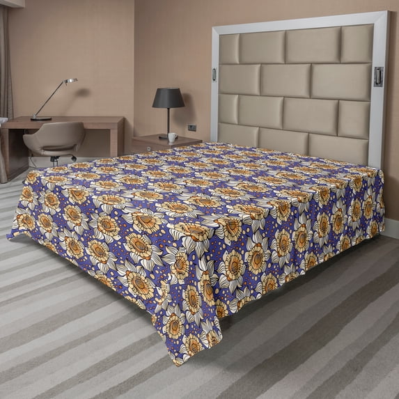 Ambesonne Floral Flat Sheet, Flowers Round Spots, King Size, Dark Lavender Orange