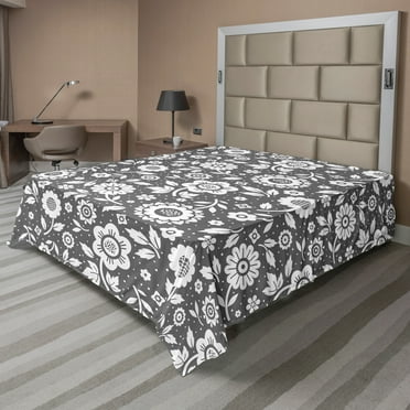 Ambesonne Floral Flat Sheet, Flowers Twigs Composition, Queen Size, Grey and White