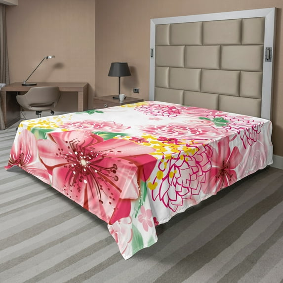 Ambesonne Floral Flat Sheet, Flowers and Dots, Full Size, Pastel Pink Mustard