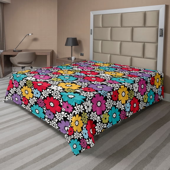 Ambesonne Floral Flat Sheet, Flowers and Floral Elements, Full Size, Charcoal Grey and Multicolor
