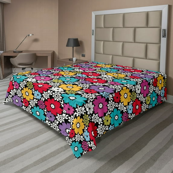Ambesonne Floral Flat Sheet, Flowers and Floral Elements, Queen Size, Charcoal Grey and Multicolor