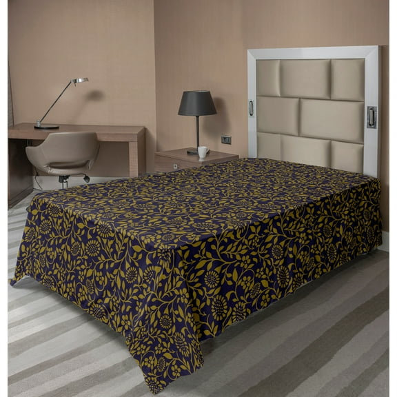 Ambesonne Floral Flat Sheet, Flowers and Leaves Motif, TwinXL Size, Dark Blue Grey and Fawn