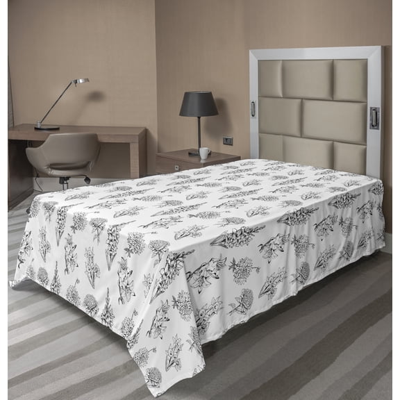 Ambesonne Floral Flat Sheet, Flowers and Leaves Sketch, Twin Size, White and Charcoal Grey