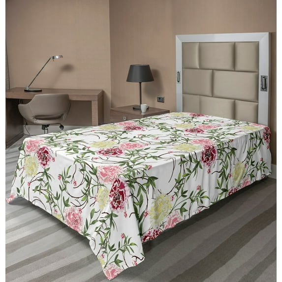 Ambesonne Floral Flat Sheet, Flowers and Long Twigs Art, Twin Size, White and Multicolor