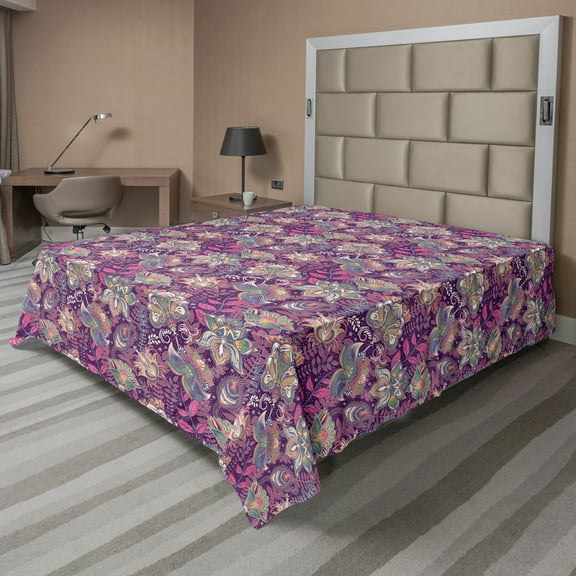 Ambesonne Floral Flat Sheet, Flowers and Mandala Art, California King, Mauve Green